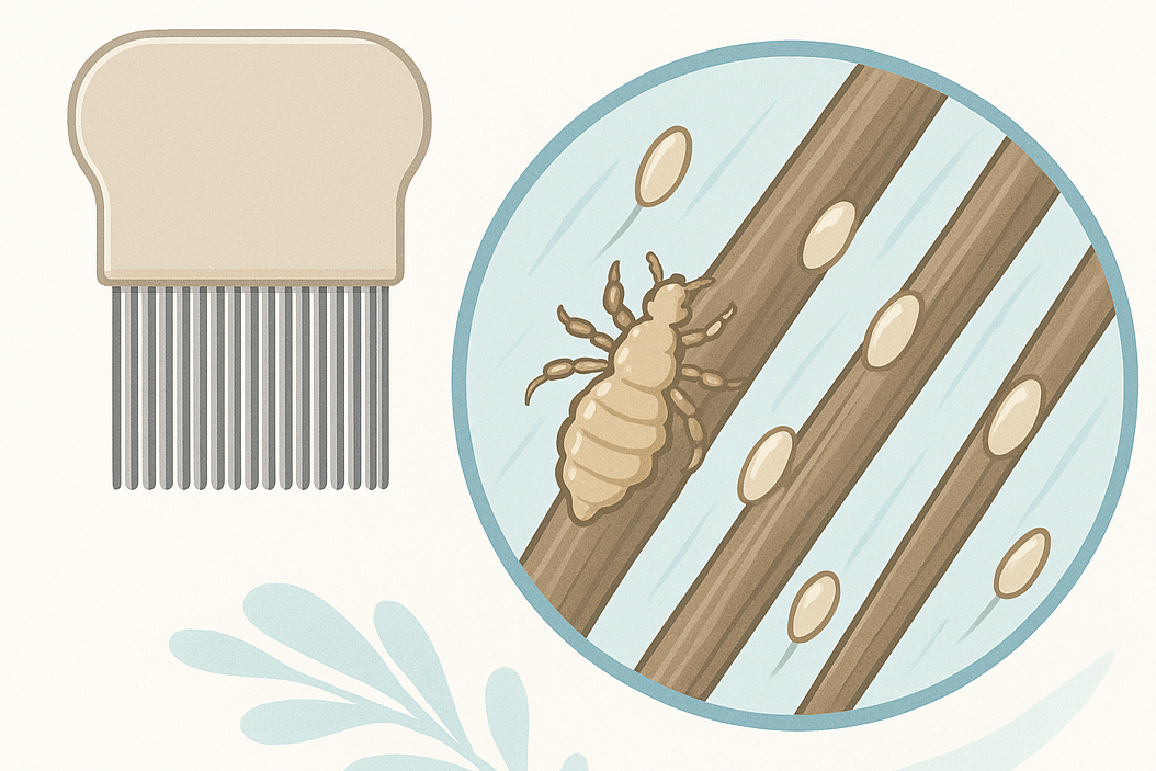 Illustration of a lice comb and lice on wooden slats with eggs.